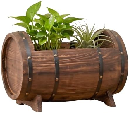 Whiskey Barrel Planter Wooden Barrel Planter for Indoor & Outdoor Use Patio Lawn Garden Balcony with Drainage Hole Rustic Decorative Plant Container (19.7×12.6×12.2in/50×32×31cm) by Unknown