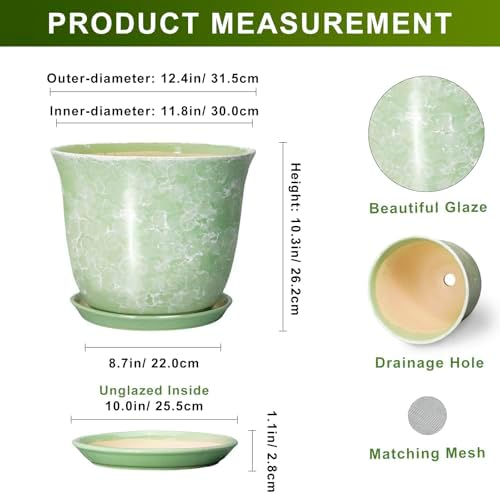 12 Inch Pots for Plants, Ceramic Plant Pots with Drainage, Green - Image 2