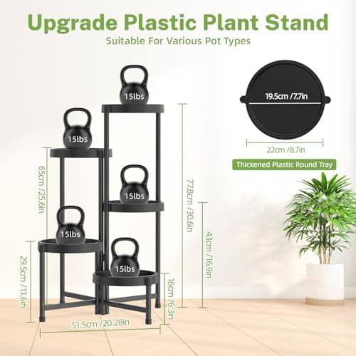 iDavosic.ly 5 Tier Folding Plant Stand Indoor Outdoor, Plastic Tray, Black - Image 5