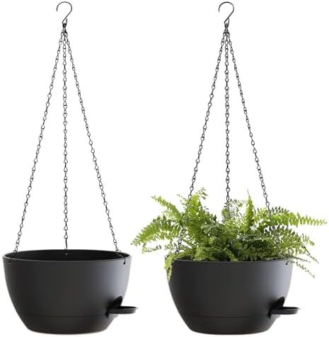 12 Inch Hanging Baskets 2 PC with Chains, Self-Watering Hanging Planters for Indoor Outdoor Plants, Plastic Hanging Flower Pots,Black by SQKH