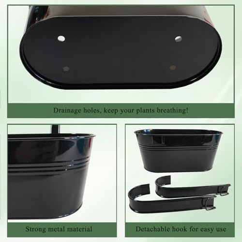 10" Metal Hanging Planter for Railing with Detachable Hooks, Black, 4 Pcs - Image 4
