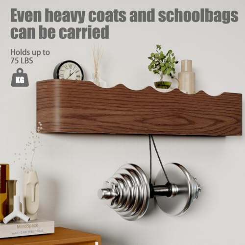 Coat Rack Wall Mount with Shelf 8 Hidden Hooks Modern Wooden Key Holder Entryway Organizer for Hallway Bedroom Bathroom Home Decor Storage for Hanging Coats Hats Bags Towels, Wave-Shape Black - Image 4