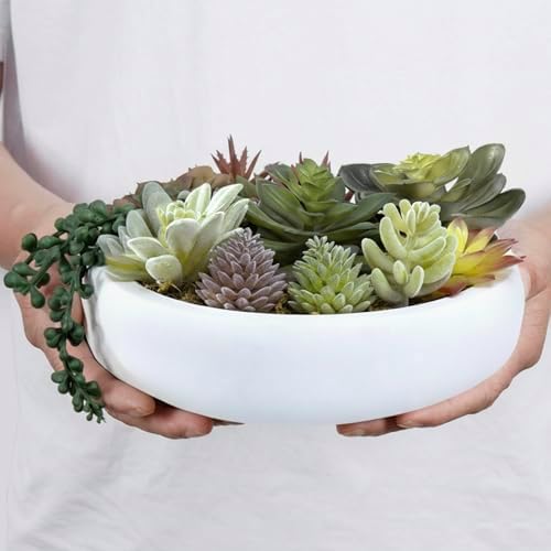 MyGift 8 Inch Round Modern Artificial Succulent Arrangement Potted in White Concrete Plant Bowl, Assorted Faux Mini Succulents in a Decorative Planter Pot - Image 6