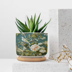 Garden Planter Ceramic Green Chinoiserie Floral Bird Round Flower Pot with Drainage Holes and Bamboo Tray Pot for Home Office Decoration - Image 7