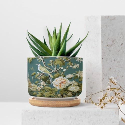 Garden Planter Ceramic Green Chinoiserie Floral Bird Round Flower Pot with Drainage Holes and Bamboo Tray Pot for Home Office Decoration - Image 7