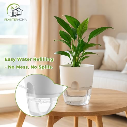 Planterhoma 8 Pack Self Watering Pots for Indoor Plants, 9.2 Inch Plant Pot Plastic Self Watering Planter for Orchid, African Violet, Small Clear Flower Pots with Drainage Hole and Wicking Rope, White - Image 7
