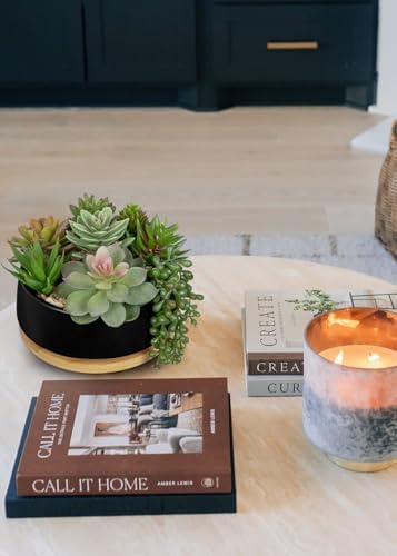Artificial Succulent Plants in Pot 5.5 Inch Fake Succulents Arrangement Potted Plant in Black Ceramic Planter Bowl with Wood Saucer for Home Office Desk Shelf Living Room Bedroom Bathroom Decor - Image 6