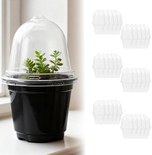 3.5/4/5” Nursery Pots with Humidity Dome, Square Seedling Pots Thickened Hardened with Tray, Plastic Seedling Containers for Indoor Outdoor Plant Germination(ligjt Grey,30PCS-3.5IN) by Unknown