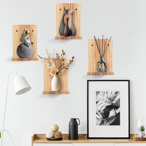 Small Wall Shelf Modern,Wooden Mini Floating Shelves,Indoor Wall Mounted Plants Shelf L Shaped,Midcentury Display Decorative Holder for Gallery Living Room Bedroom Porch,Pine,4 Pack(Carbonized Brown） - Image 2