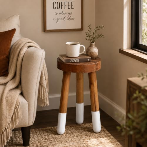 Teak 11.8" Round Dip Dyed Teak Stool | Wood Accent Side Table | Wood Plant Stand (20" Tall White) - Image 7