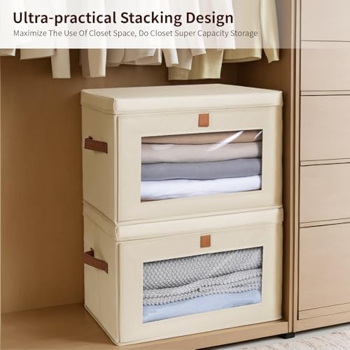 Homsorout Large Closet Storage Bins - Collapsible Clothing Organizer with Handles & Window, Decorative Bin with Lids, Linen Closet Organizers for Living Room, Dorm, 6 Pack, Beige - Image 4