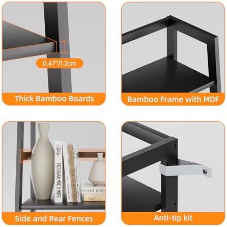 HITNET Ladder Shelf Black, 4-Tier Bookshelf, Freestanding Bathroom Storage Rack with Bamboo Frame, Plant Display Stand for Living Room, Kitchen, Home Office - Image 5