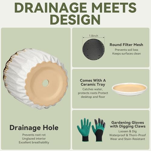 7.5 Inch Ceramic Planter Pot with Saucer Drainage Leak-Proof Mesh,Flower Pots for Indoor Plants with Gardening Gloves,Ceramic Planter(Linen White) - Image 4