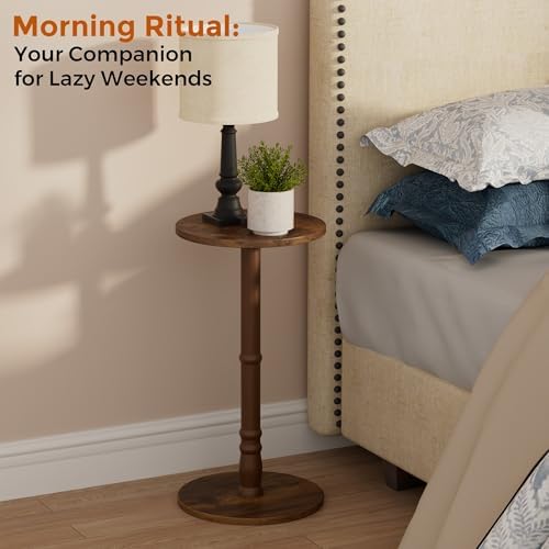 Homleke Round Side Table with Solid Wood Pillar, Small Drink Table - Image 5