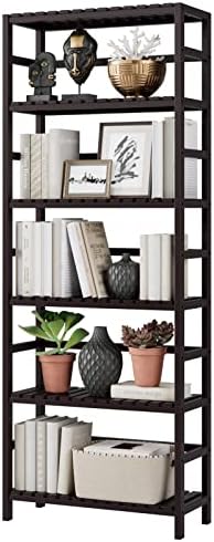 Bamjoy Bamboo Shelf, 6 Tier Bookcase Storage Shelves, Tall Book Rack Shelving Unit, Multipurpose Storage Display Shelf Adjustable Storage Rack for Bathroom Home Office Living Room Kitchen, Dark Brown by Bamjoy