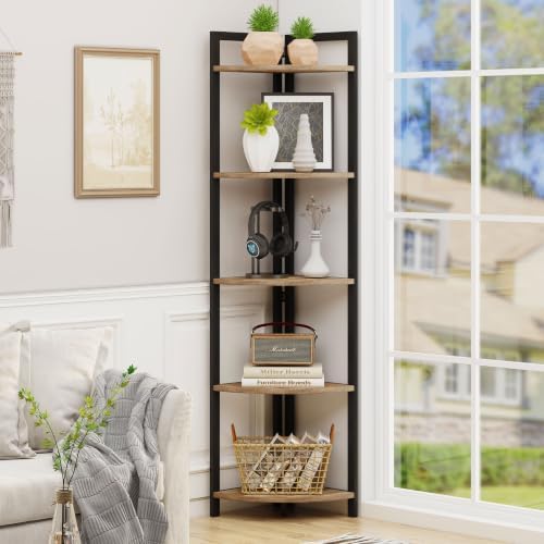FATORRI Tall Corner Shelf, Industrial Corner Bookshelf, Wood and Metal Corner Shelf Stand for Living Room, Rustic Display Plant Stand for Home Office (Rustic Oak) - Image 6