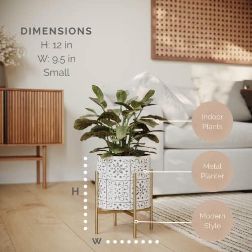 EverNest Tristan White with Black Boho Pattern Plant Pot with Loki Stand, SelectBase Indoor Planter, Neutral Home Decor, Minimalist Artistic Boho Plant Pot (Small, Gold) - Image 2