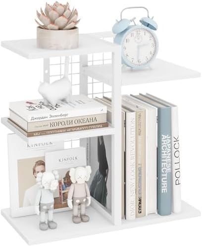 ELITEROO Desk Bookshelf, 4 Tier Wood Desktop Bookshelf, Adjustable Table Top Book Shelf and Storage Rack for Office Supplies, Dorm, Home Office, White by ELITEROO