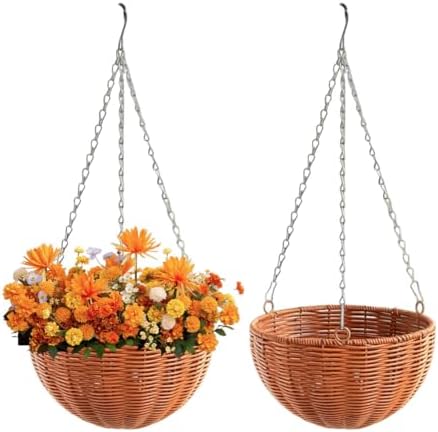 Plastic Woven Round Hanging Planter Basket Set,2 Pack 22 x 10 in Indoor Outdoor Half Round Plant Flower Pots with Metal Chain and Hook,Realistic Rattan Woven Hanging Basket for Plants by JOYWU