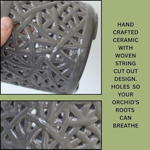 Gray Large Ceramic Orchid Pot with Holes, 6 Inches Wide, for Indoors or Outdoors with Woven String Cut Out Design, Orchid Planters, Orchid Gifts - Image 6