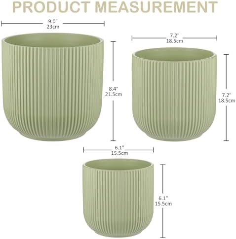 Set of 3 Ceramic Flower Pots, 6+7+9 Inch Plant Pot with Drainage Holes, Garden Flower Pot Succulent Herbs Succulent Orchid Pot Indoor Outdoor Home Garden Decor, Green - Image 2