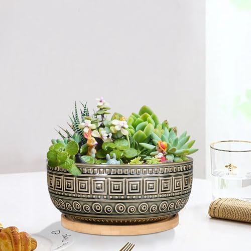 EPGardening 8 Inch Ceramic Succulent Planter Pots with Bamboo Saucer, Gray - Image 7