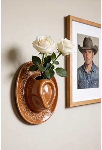 Large Ceramic Cowboy Hat Wall Vase - Handmade Hanging Flower Planter, Western Boho Room Decor & Coastal Cowgirl Aesthetic Wall Art for Home Decorations (Brown) by ASTARIKO