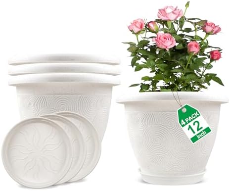 Plastic Flower Pots Planters For Indoor Plants, 4 Pack 12 Inch White Plant Pots With Drainage Hole & Tray, Modern Decorative Large Plant Pot With Saucer For Indoor Outdoor Plants Garden House Planter by Fodetyff