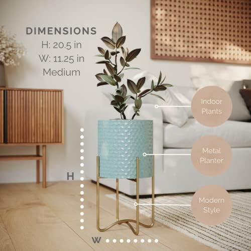 EverNest Mid-Century Modern Rhys Honeycomb Embossed Planter Pot with Ambrose Stand, Metal Indoor Plant Pots, Blue Green Bohemian Style (Medium 2 Gallon) - Image 2