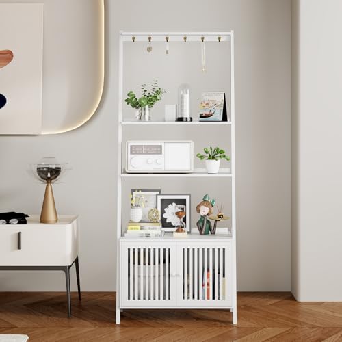 Ladder Shelf with Drawers, Bookshelf 4-Tier Bamboo Bookcase with 6 Hooks - Image 7