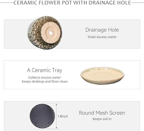 10.3 Inch Ceramic Planter with Saucer,Modern Garden Pots with Drainage Hole Mesh Net, for Indoor Outdoor Use (Speckle White) - Image 4