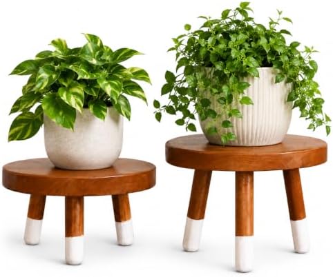 2 Pack 9" Teak Wood Plant Stands for Indoor Plants, Mid-Century by JOLLYMER