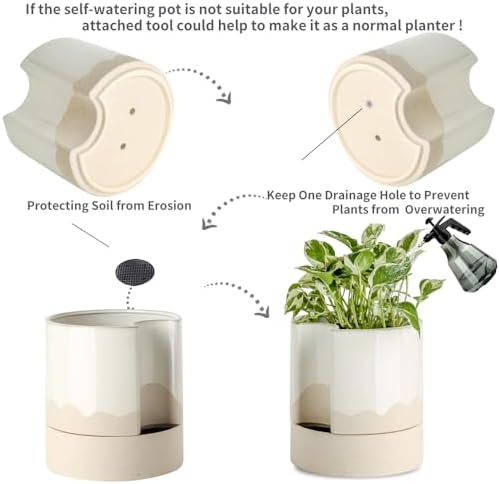 Nihow Ceramic Self Watering Plant Pot for Indoor Plants,8 Inch,White & Wave - Image 4