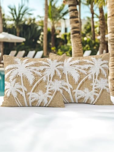 Tropical Palm Tree 18x18 Waterproof Outdoor Throw Pillows Set of 2 with Inserts, Vintage Tan Exotic Botanical Plants Patio Decorative Cushions for Outdoor Sofa Porch Garden Furniture - Image 5