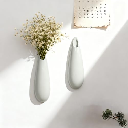 White Ceramic Wall Vases, Set of 2, 12 Inch, Teardrop Design - Image 6