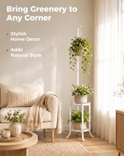 Bamworld Hanging Metal Plant Holder for Multiple Plants 2 Tier Planter Stand White - Image 4
