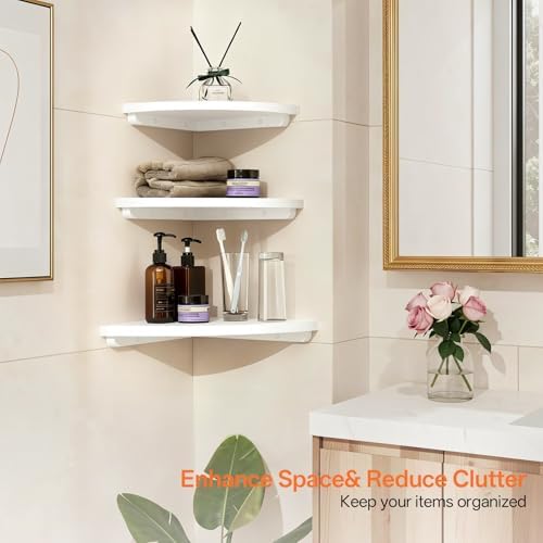 Floating Corner Shelves Set 2 9inch White Solid Oak Rounded Corner Shelves Wall Mounted with Cable Hole Wood Corner Hanging Shelves for Living Room Bedroom Bathroom Kitchen - Image 6
