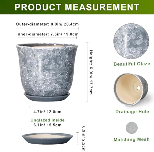 Ceramic Plant Pots, 8 Inch Plant Pot with Drainage, Grey - Image 2
