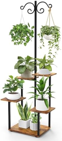 Plant Stand Indoor with 2 Hanging Hooks, 5 Tiered Corner Plant Shelf Flower Stand for Multiple Plants, Plant Stands Organizer Rack for Living Room Balcony Patio Garden (Black+Brown, Square) by YOCOMEY