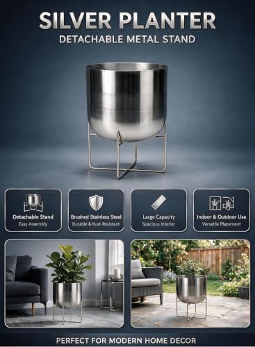 Serene Spaces Living Gold Planter with Detachable Metal Stand, Decorative Indoor Planter Pot, Flower Pots Stand for Living Room, Kitchen, Office, in 3 Sizes (Silver - Wide) - Image 5