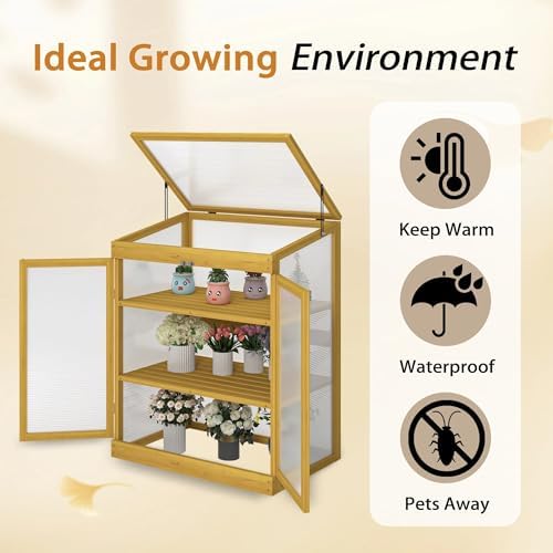 2-Tier Wooden Cold Frame Greenhouse, Garden Portable Mini Cabinet, Flower Shelf Bed for Outdoor Indoor Use - Image 4