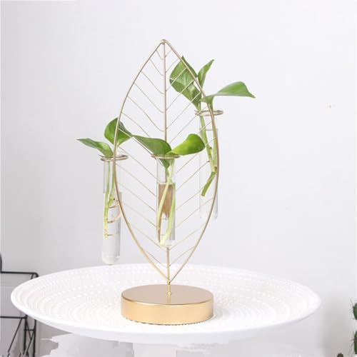 Abaodam Golden Leaf Iron Frame Glass Flower Vase with 3 Test Tubes Hydroponic Planter for Home Plant Propagation and Floral Arrangement Decor - Image 4