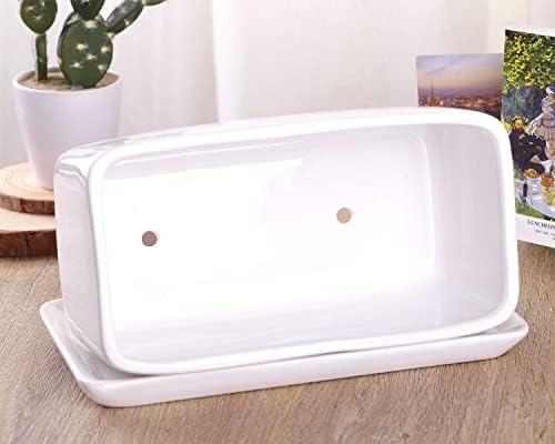 VanEnjoy 10 Inch White Rectangle Ceramic Succulent Planter Pot Decorative Cactus Plant Pot Flower Container with Ceramic Tray - Image 4