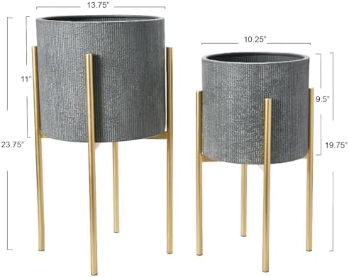 Main + Mesa Modern Boho Embossed Metal Planters with Stands, Charcoal Grey and Gold, Set of 2 Sizes - Image 3