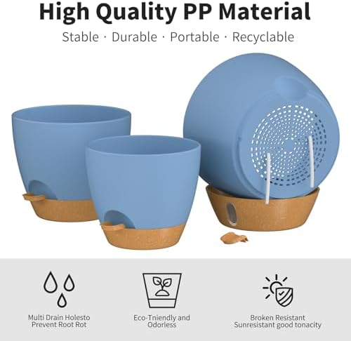 12/10/9/8/6 Inch Self Watering Pots for Indoor Outdoor Plants, Set of 5 Large Plastic Planters with Visual Water Window, Drainage Holes & Watering Lip, Modern Decorative Flower Pots (Blue) - Image 3