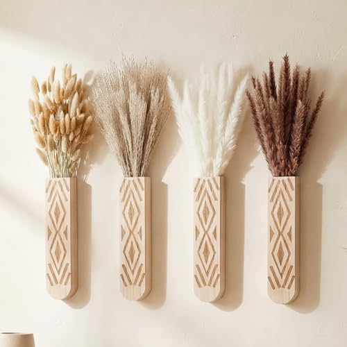 Suncalla 4 Pack Wooden Wall Planter with 110 Pampas Grass Modern Boho Wall Decor for Living Room Bedroom Bathroom Entryway, Farmhouse Rustic Art Vase for Dried Flower Faux Plant Home Office Decor by Unknown