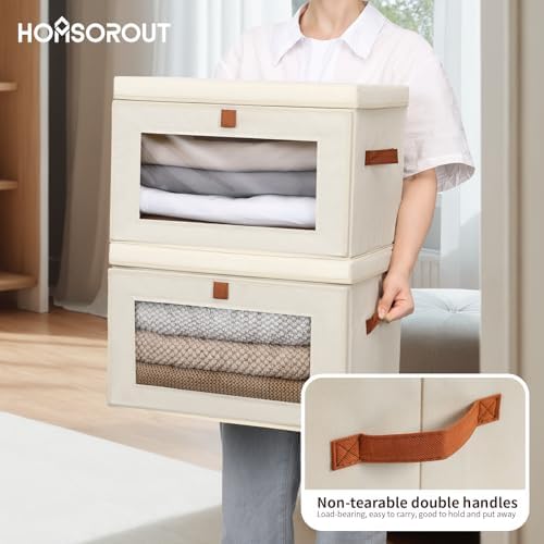 Homsorout Large Closet Storage Bins - Collapsible Clothing Organizer with Handles & Window, Decorative Bin with Lids, Linen Closet Organizers for Living Room, Dorm, 6 Pack, Beige - Image 5
