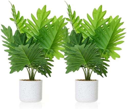 Realistic Faux Green Philodendron Artificial Plants in White Pot – Decorative Indoor Fake Bonsai Tree for Home & Office, Cement Moss Base, 45cm, 2 Pack by LALFPET-Loveallforpets
