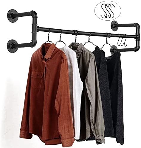 Wall Mounted Clothes Rack - 54" Industrial Pipe Clothing Garment Rack, Space-Saving Heavy Duty Detachable Black Iron Clothes Hanger Pole, Multi-Purpose Hanging Rod for Closet Storage, 4 Base by Varsoul