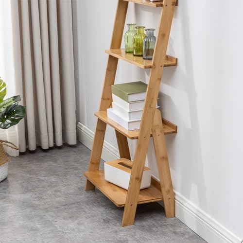 Maydear Bamboo Ladder Shelf Bookcase, 4-Tier Leaning Bookshelf Free Standing Organizer Storage Shelves for Living Room, Bedroom, Kitchen, Home Office, Balcony, Wood Color - Image 7